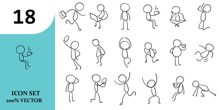 Animation reference sheet a comprehensive collection of 18 stick figure poses depicting a dynamic walking cycle for artists