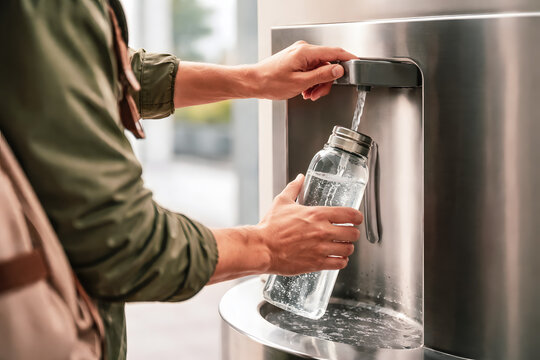 Refilling reusable water bottle at public water station for sustainable hydration lifestyle