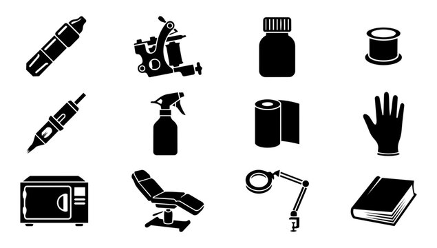 Tattoo Studio Equipment Silhouette Set, Tattoo Machine and Artist Tools Icons, Professional Tattoo Supplies Vector