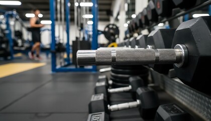 Fototapeta premium Metallic Dumbbell Resting on a Rack in Gym