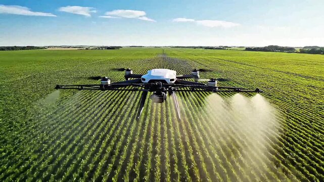 Agricultural drone spraying pesticide or water over green crop field for smart farming technology