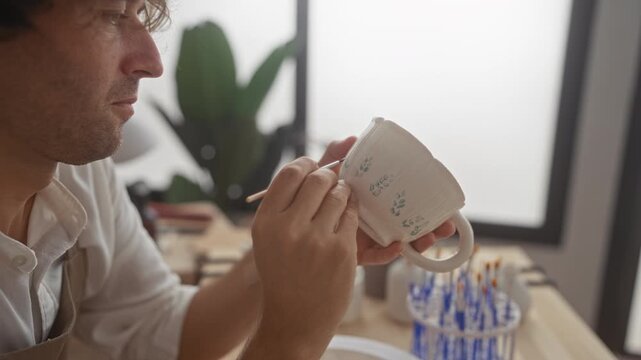 Man painting a ceramic mug with a fine brush, hands steady while adding leaf patterns in studio; calm concentration.