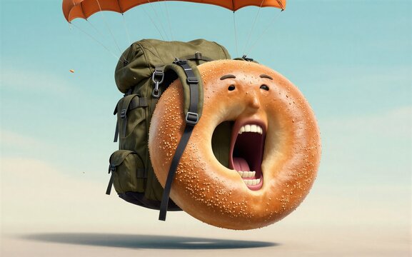 A joyful bagel with a face parachutes down carrying an olive green