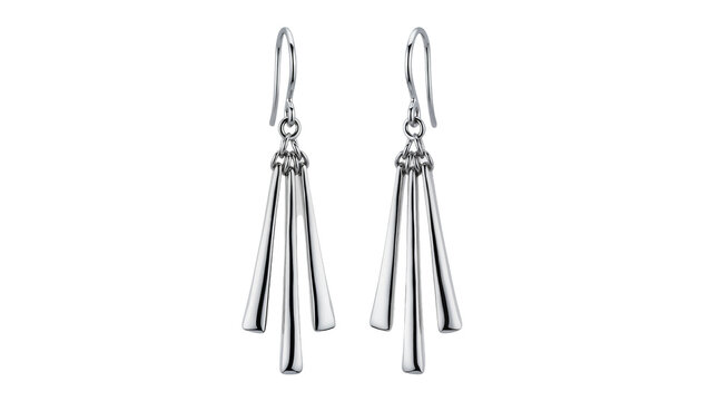 Isolated pair of sleek polished metallic silver dangle earrings, elegant fashion accessory