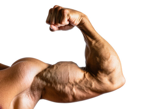 Isolated strong male arm with bulging veins flexing bicep muscle power and fitness