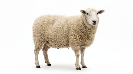 Fototapeta premium Standing Sheep with Thick Wool on a White Background.