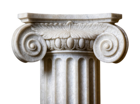 Isolated elegant marble Ionic column capital with classical scrolls and ornate details
