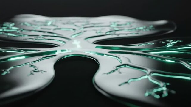 Eco friendly digital texture abstract animation featuring luminous metallic root circuitry spreading across a reflective dark plane, futuristic green network surface suggesting clean tech growth
