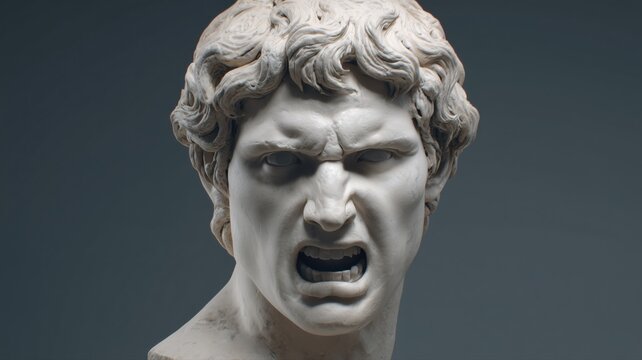 怒りを表現する古代彫刻の顔。感情表現や歴史的芸術の素材として活用可能な彫刻作品。