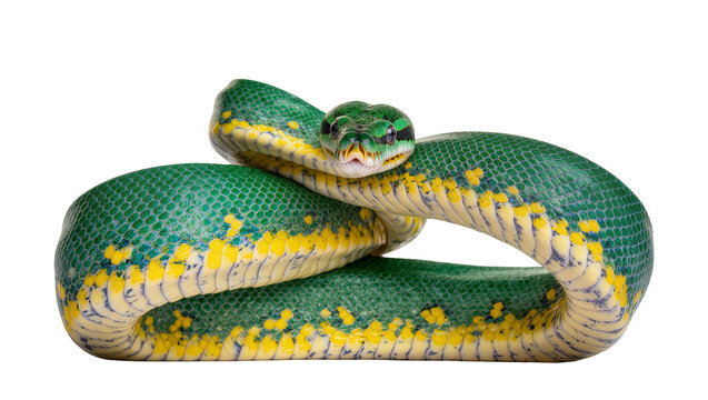 Isolated vibrant green and yellow snake coiled, eyes focused, captivating reptile portrait