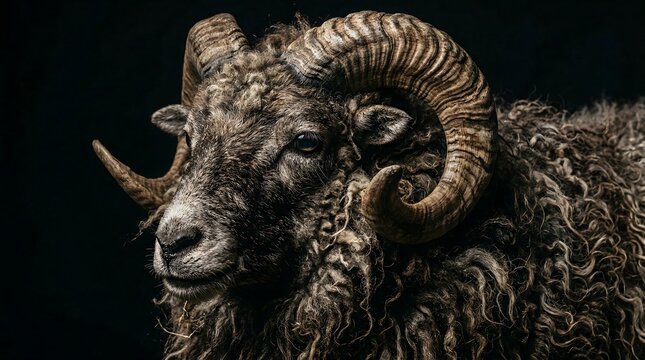 Majestic Soay Sheep Portrait - A Close-Up of Horns and Wool.