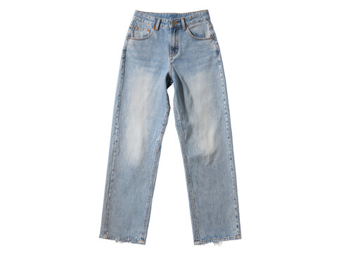 Isolated stylish light blue casual denim jeans with a baggy fit and subtle wash effect