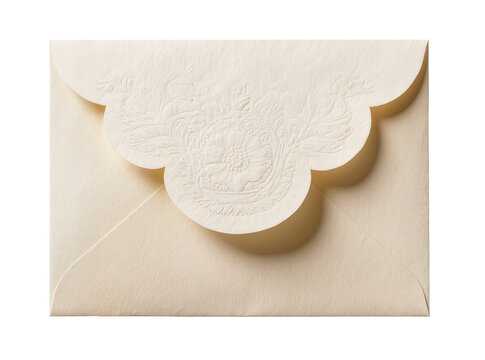 Isolated elegant cream-colored wedding envelope with embossed floral design and decorative scalloped flap