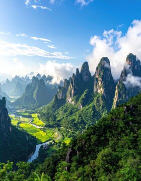 A breathtaking aerial view showcases the majestic karst mountains and lush green valleys of a remote landscape.