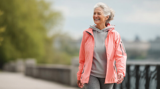 Senior woman smiling while walking outdoors, active lifestyle, positive emotion, daylight, copy space
