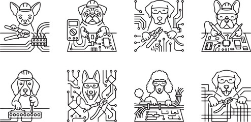 Obraz premium Technical dog engineers repairing electronic circuit boards with hardware tools and equipment