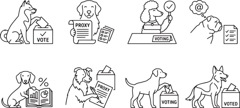 Democracy and corporate governance dog characters participating in voting and elections