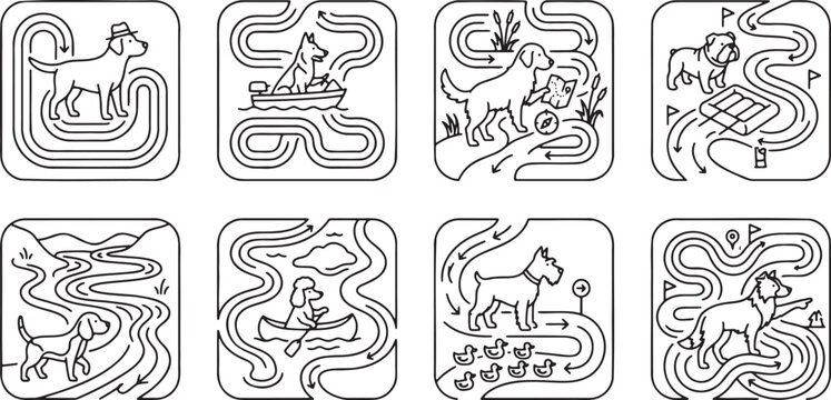 Dogs navigating through complex mazes and following intricate trail paths
