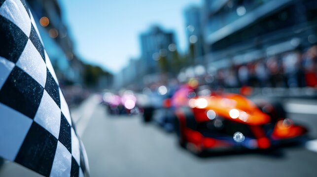 Checkered flag waved above racetrack with blurred race cars