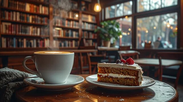 Cozy Library Cafe Scene with Steaming Latte and Cake Slice by Window Light