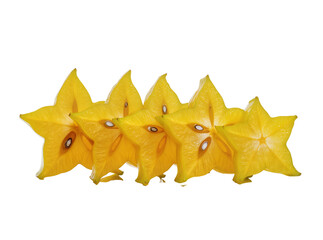 Naklejka premium Isolated fresh juicy yellow star fruit slices arranged in a row healthy tropical snack