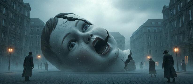 sculpture of a giant head in a city square