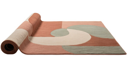 Isolated modern geometric area rug partially rolled up with abstract earthy color design