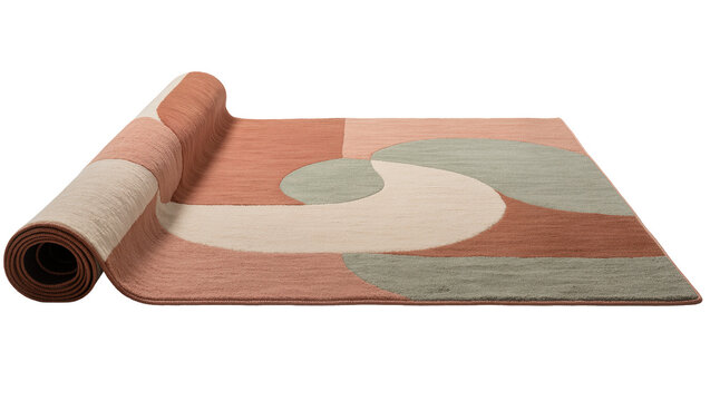Isolated modern geometric area rug partially rolled up with abstract earthy color design