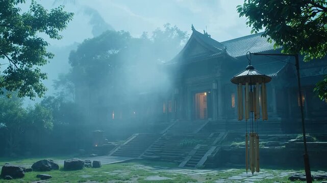 Misty temple with wind chimes