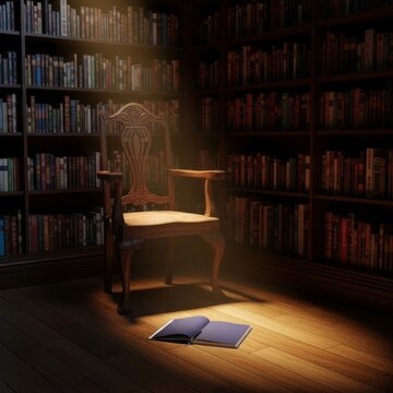 An empty chair rests in a dark library corner surrounded by tall bookshelves. A single open notebook lies on the cold wooden floor, books, thought, mental health