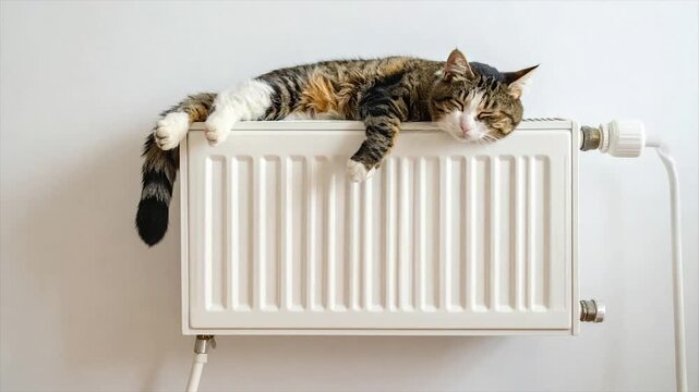 ute Sleeping Cat Resting on Home Radiator in Minimal Cozy Interior