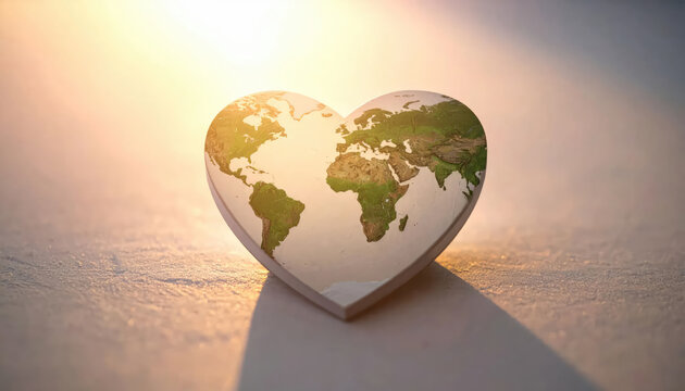 A heart-shaped earth symbolizing love for the planet against a backdrop of the sun