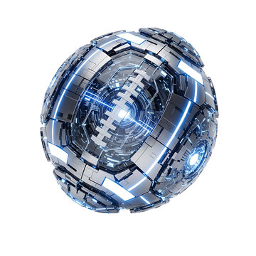 A futuristic metallic sphere with blue neon lights on a transparent background