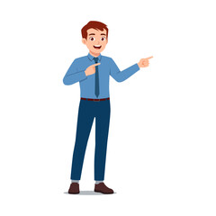 Fototapeta premium Young smiling man pointing with both hands cheerfully in a friendly helpful pose full body on white