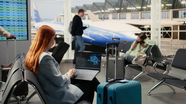 Digital nomad woman coding with AI system in airport terminal, developing software powered by machine learning and neural networks while waiting for flight departure. Flexibility to work anywhere.