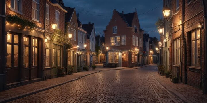 Small street lined with twinkling lights at evening, Dokkum,  Netherlands,  evening atmosphere