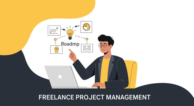 Freelance Project Management: Man working on laptop with roadmap and business icons