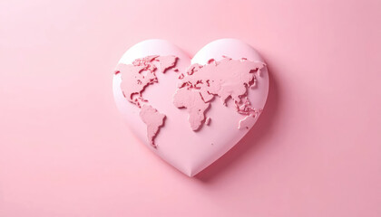 Obraz premium A pink heart shape with a world map on it. This image represents global love, environmental awareness, and unity