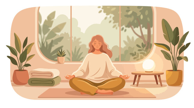 Calm Meditation Scene in Cozy Home Environment Soft Color Illustration