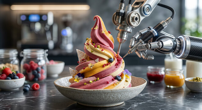 Robot dessert artist creates unique ice cream with complex spiral shapes, soft textures, macro shots, ultra-detailed