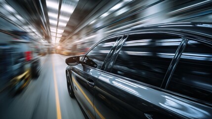 Fototapeta premium Car Window Tinting Service With Professional Equipment and Blurred Background Showing Tinting Action on a Vehicle in a Workshop Environment