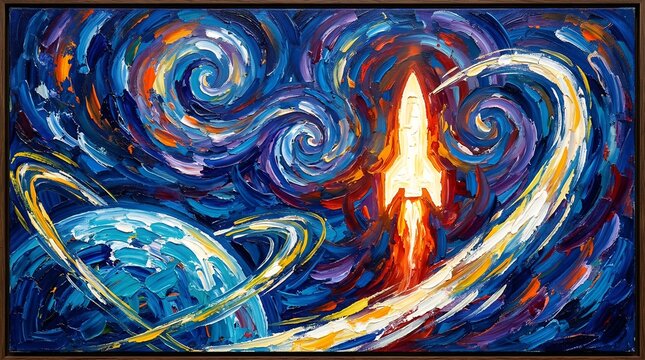 International Day of Human Space Flight Post Impressionism Space Rocket Orbit Earth Artistic Painting