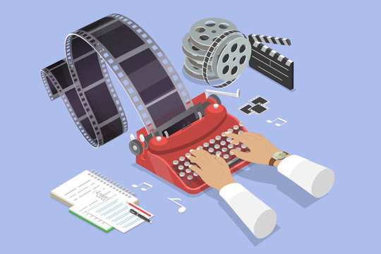 3D Isometric Flat Vector Illustration of Script Writer, Developing A Screenplay For A Film Or Video Production