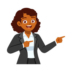 Happy African American Businesswoman Smiling and Pointing Outwards with Both Index Fingers Energetic Expression