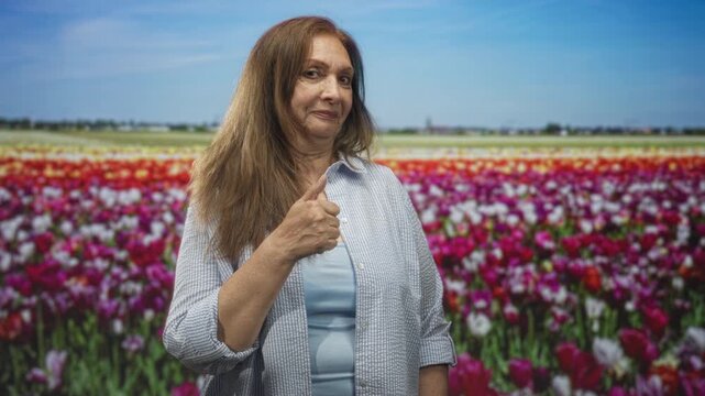 Senior hispanic woman shows thumbs up hand while standing before colorful rows of tulips in a flower field with blue sky on the horizon; approval.