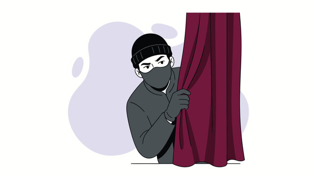 Minimalist Illustration of a Masked Burglar Peeking Behind a Red Curtain Planning a Home Robbery or Burglary