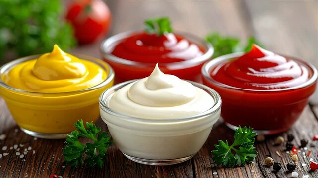 Bowls of various condiments sit on a wooden surface, garnished with herbs and spices