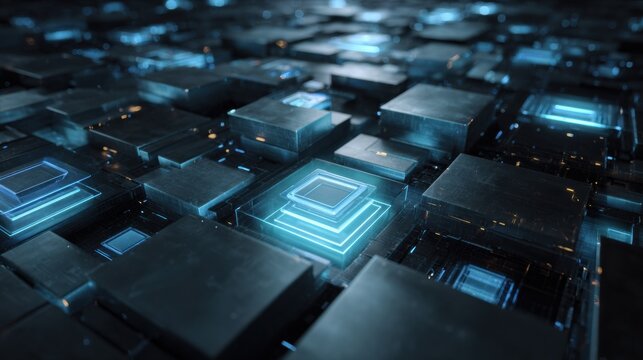 Quantum Computing Visualization With Glowing Qubit Array in Deep Blue and Teal Colors on a Dark Background Showing Futuristic Tech