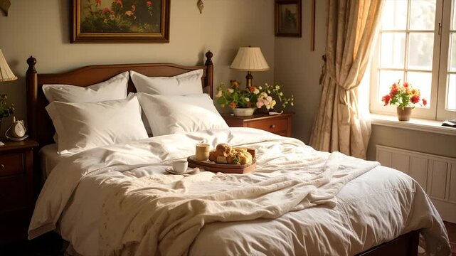 A cozy bedroom scene with a made bed, breakfast tray, flowers, and natural light