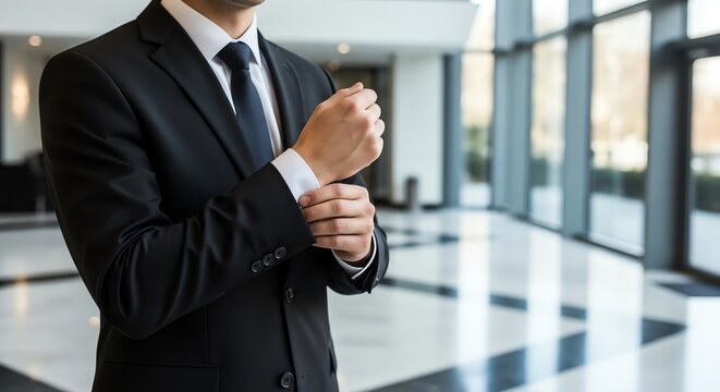 Man in a formal black suit adjusting his cufflinks in a bright modern office lobby